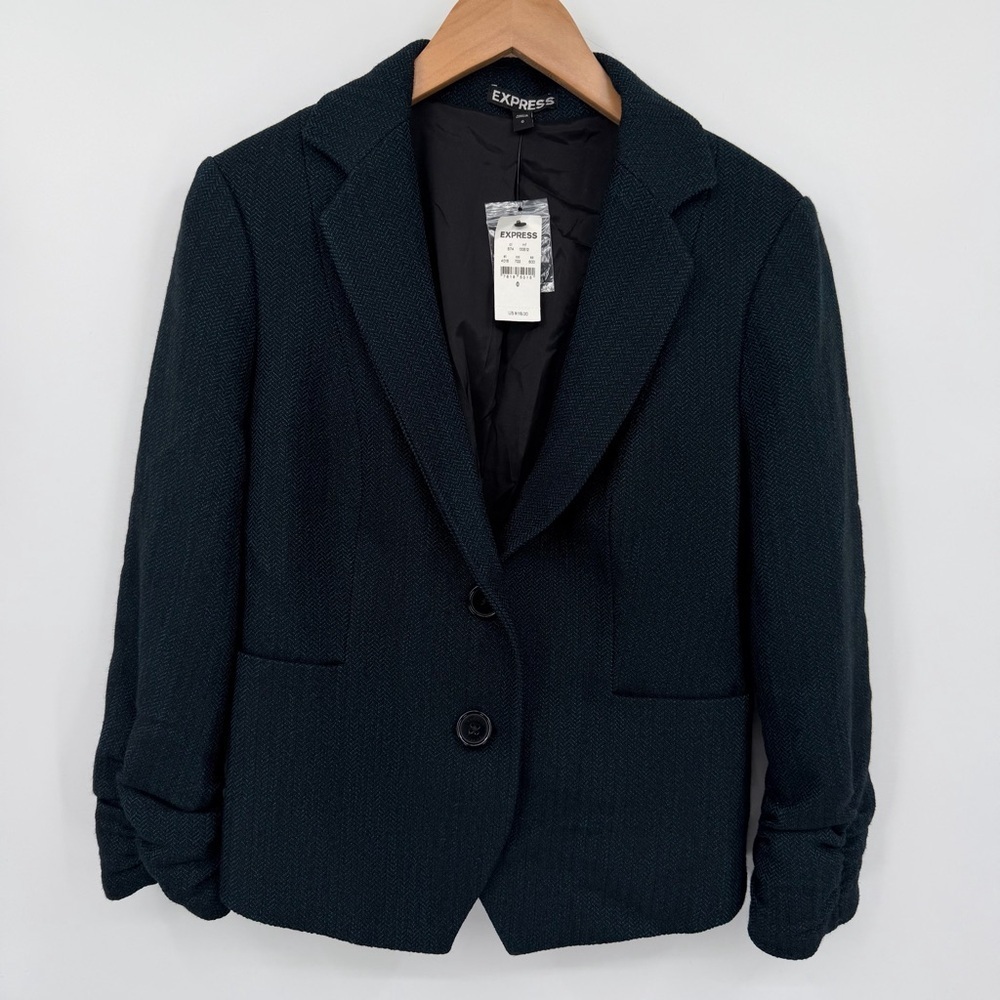 NWT Express Women's Marine Blue and Black Blazer with Ruched Sleeves